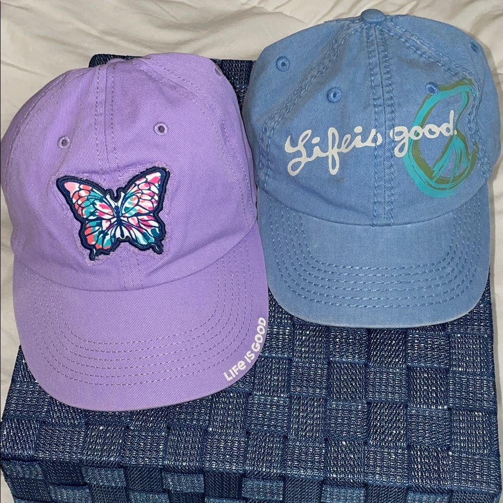 Life Is Good Cap Purple Butterfly and Blue Logo Hats with peace sign .